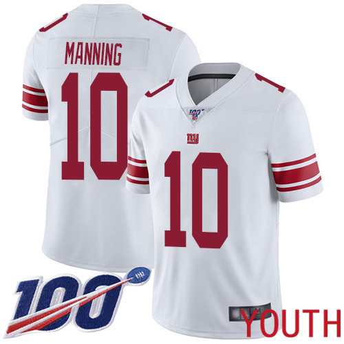 Youth New York Giants #10 Eli Manning White Vapor Untouchable Limited Player 100th Season Football NFL Jersey